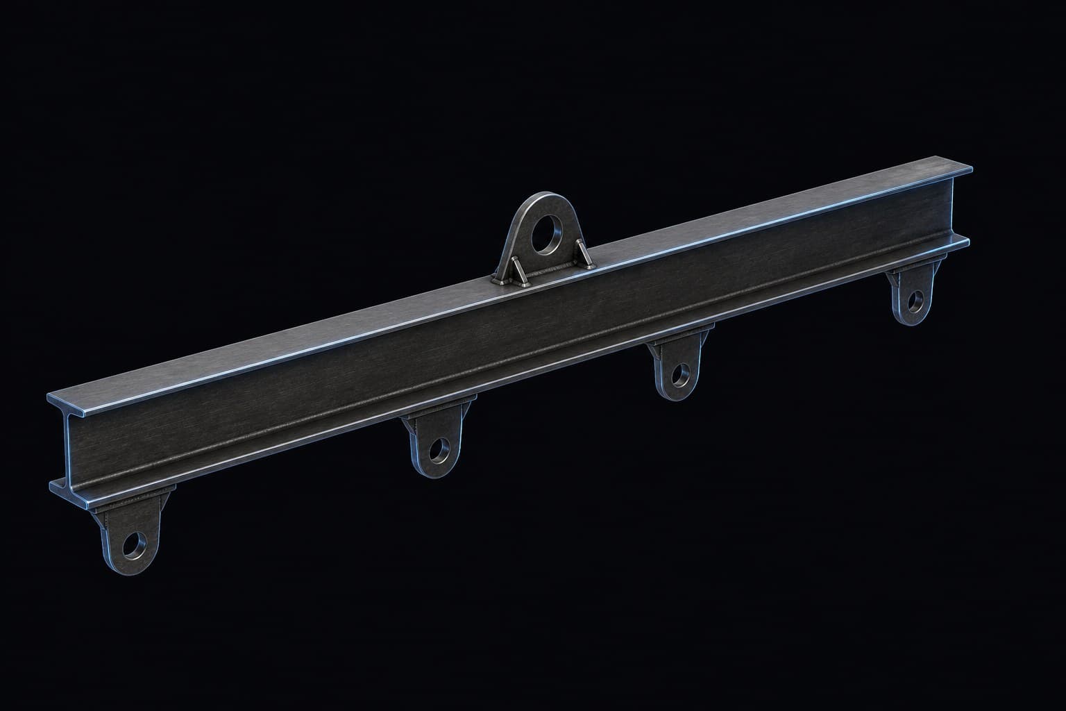 Dark-studio CAD render of a four-point lifting beam with four bottom lugs