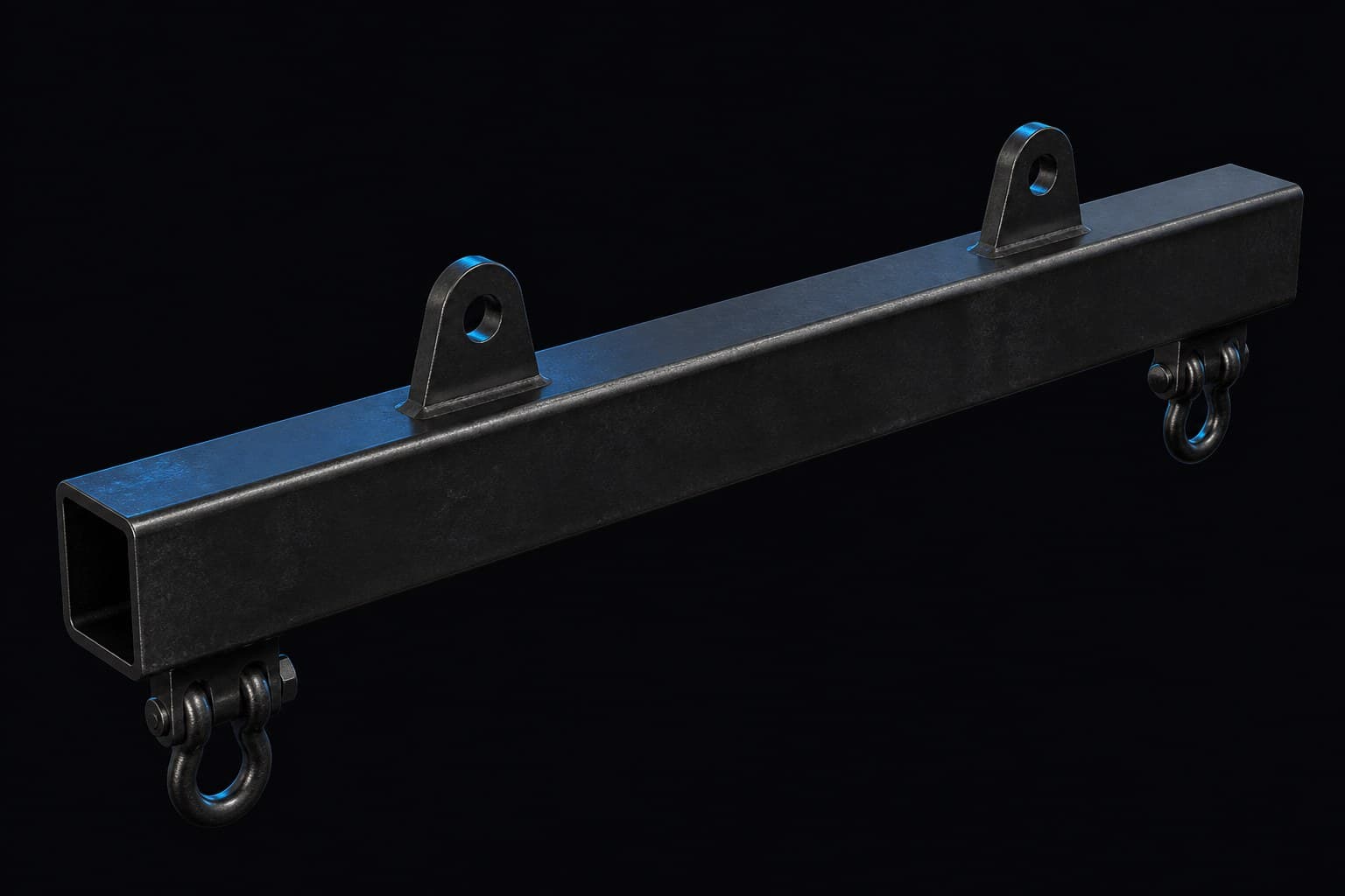 Dark-studio CAD render of a steel spreader beam with top sling lugs and bottom shackles