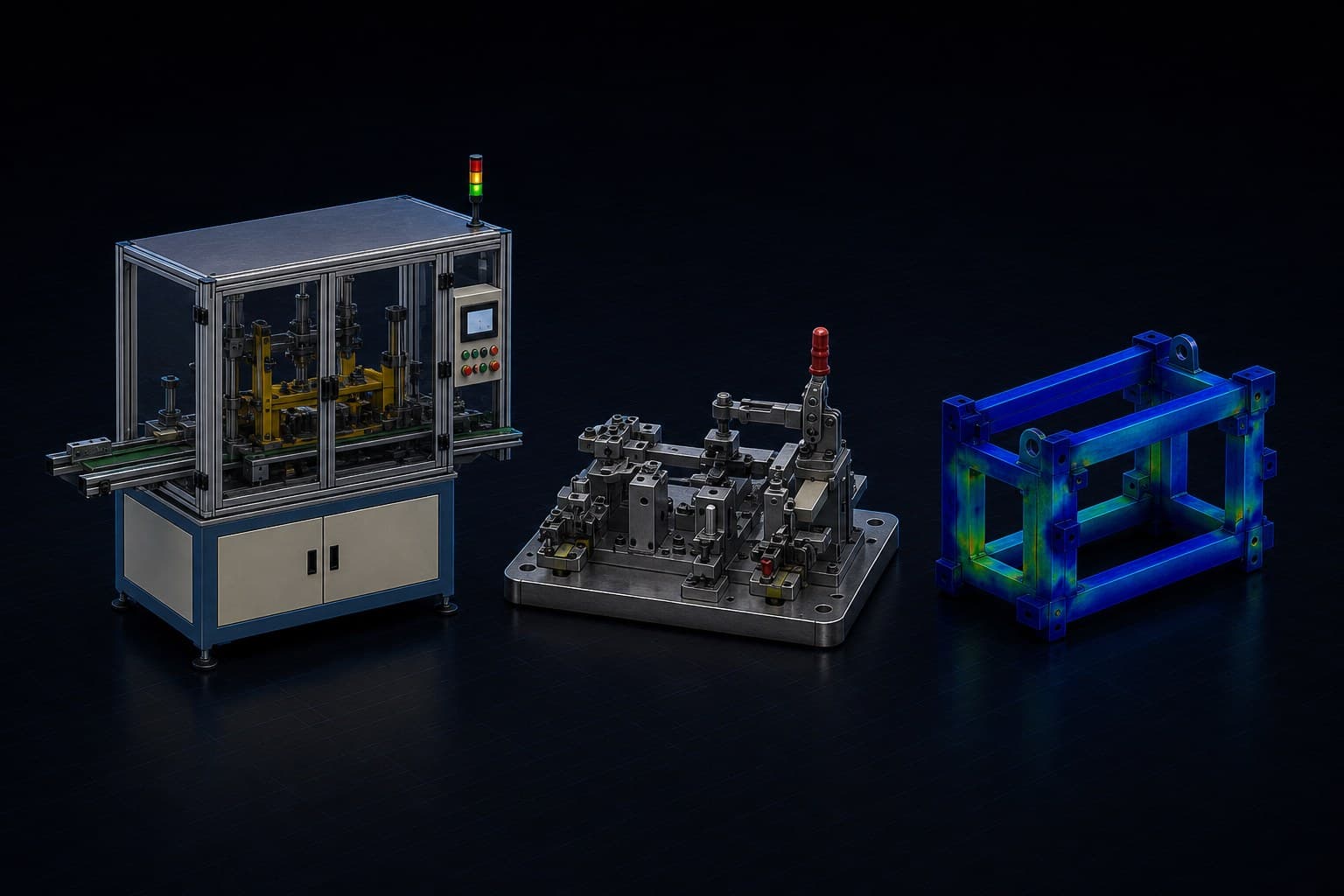 Dark-studio CAD lineup of a special purpose machine, a drilling jig, and a structural frame