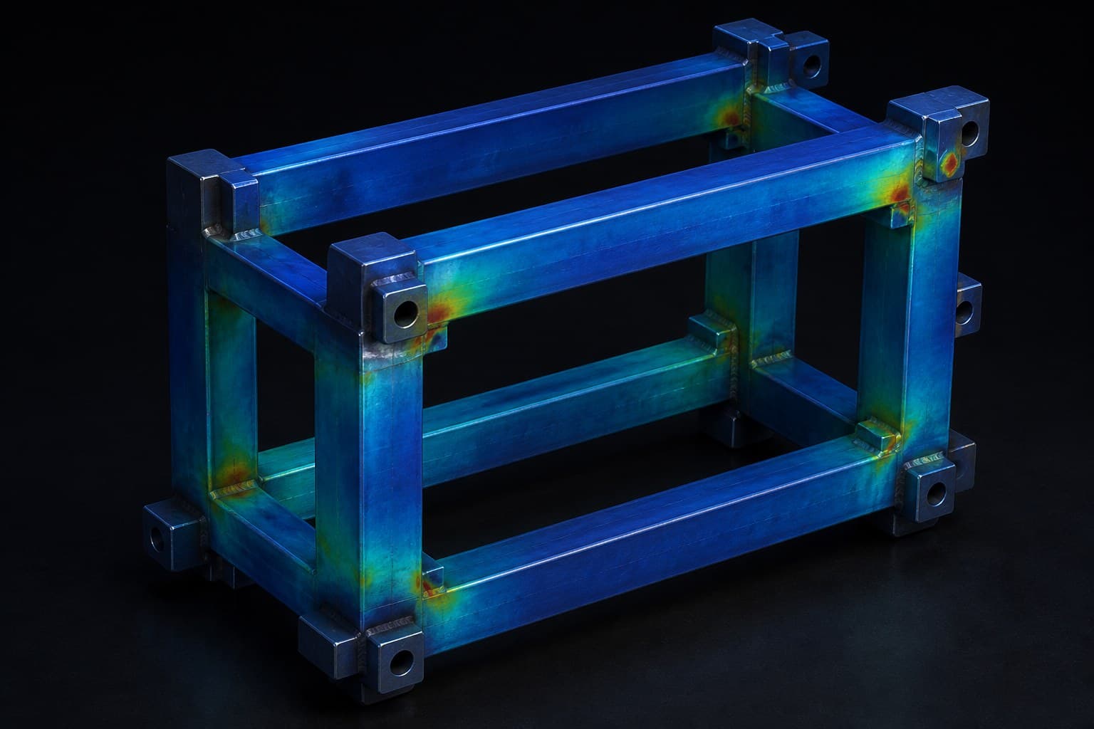 Dark-studio CAD render of a steel frame with stress heatmap on the metal