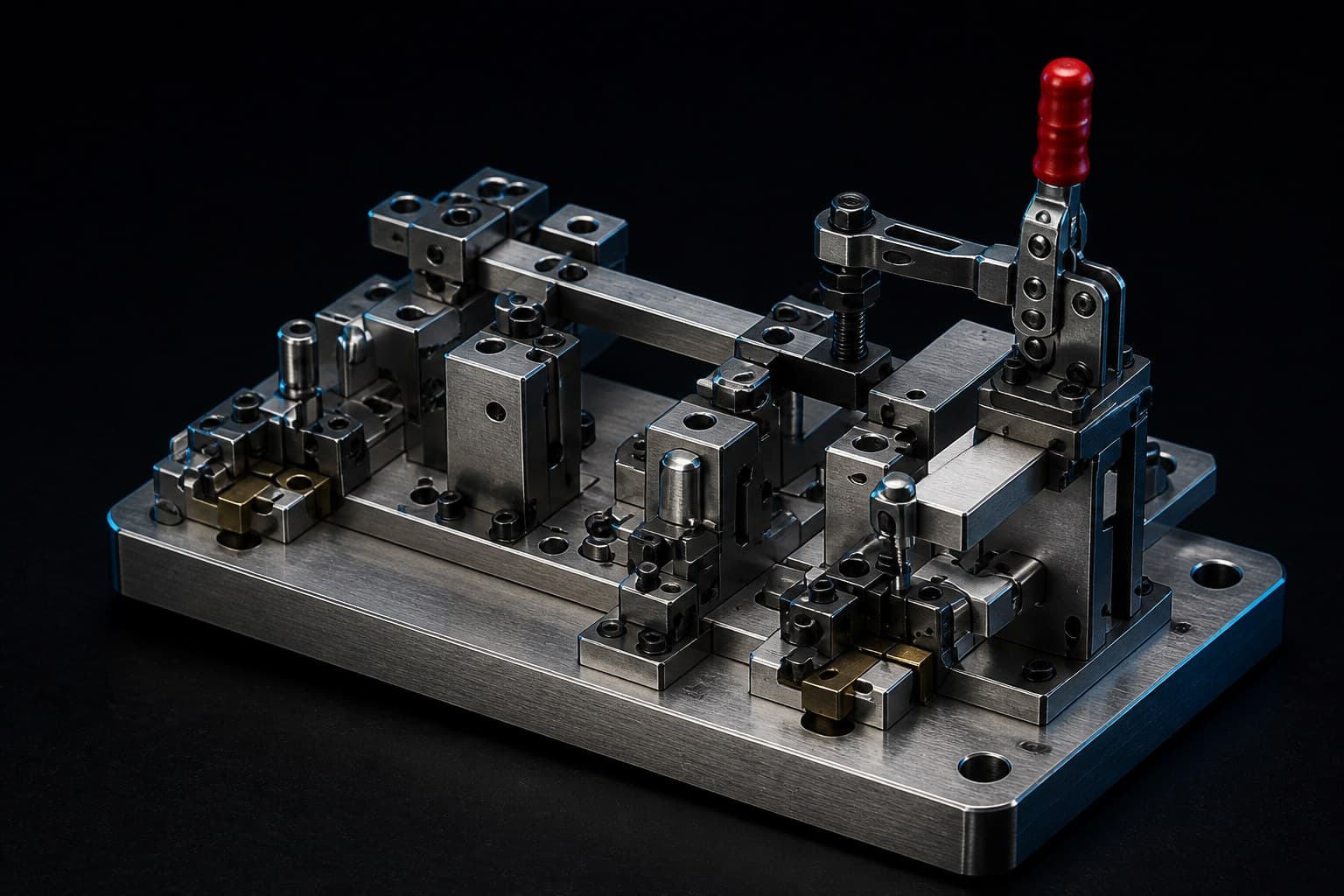 Dark-studio CAD render of a drilling jig with a toggle clamp