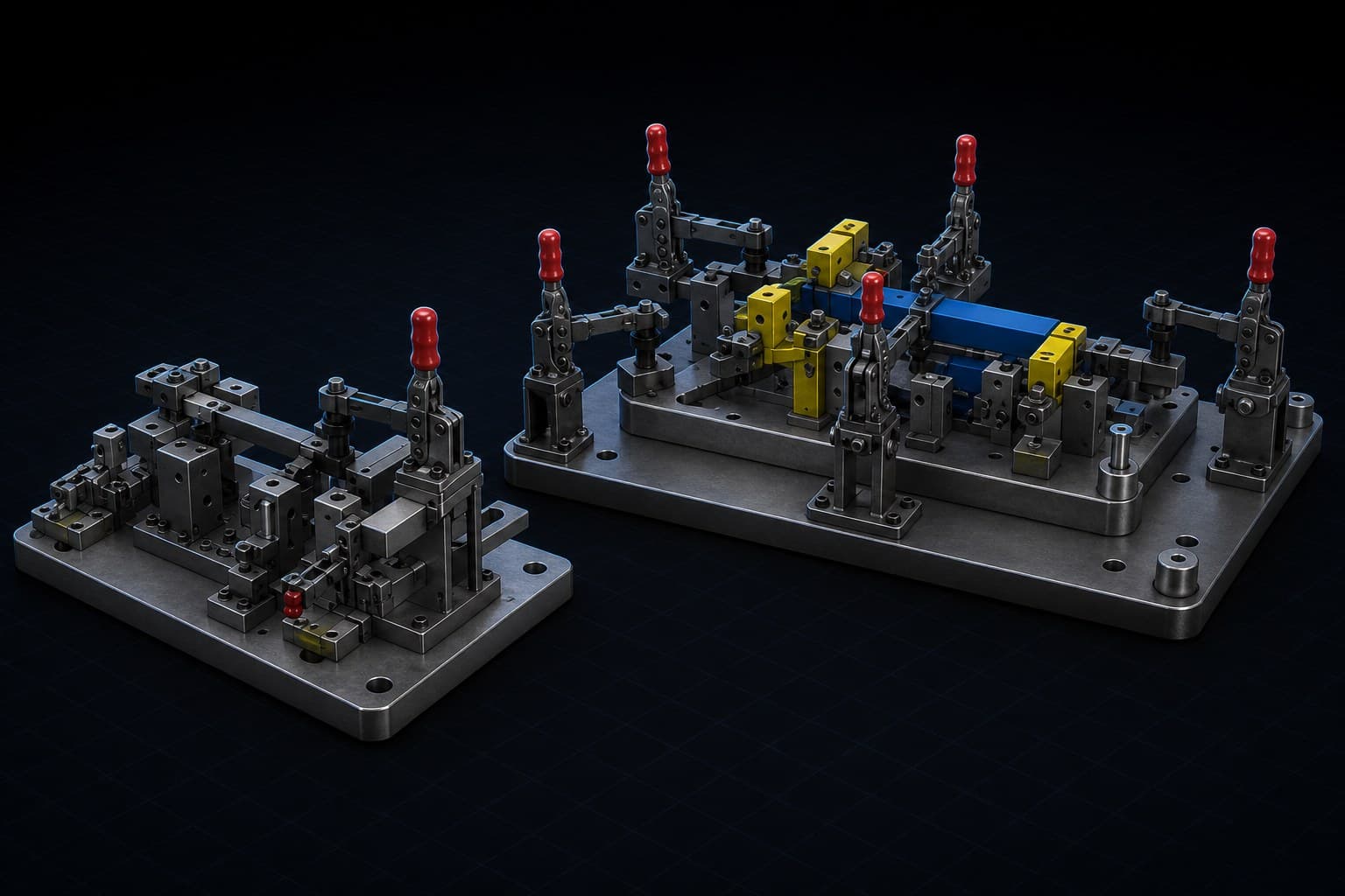 Dark-studio CAD render of a drilling jig and a welding fixture with toggle clamps