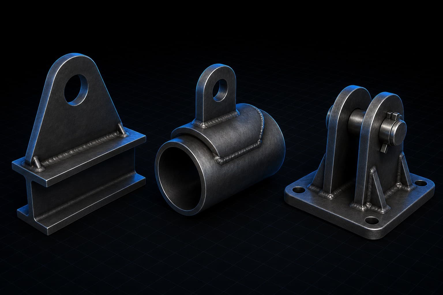 Dark-studio CAD render of a plate lug, pipe lug, and double-plate padeye