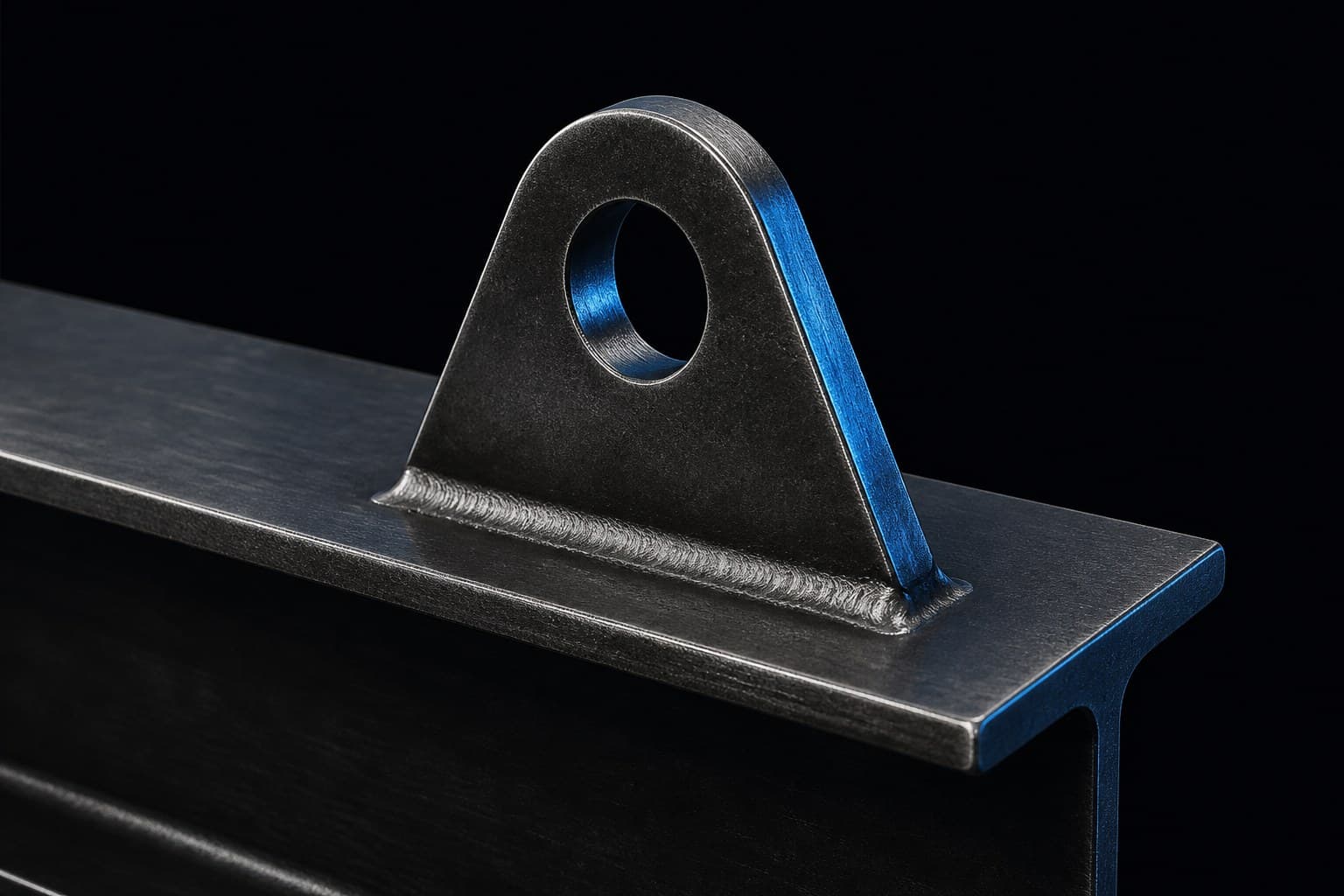 Dark-studio CAD render of a triangular plate lifting lug welded to a beam flange